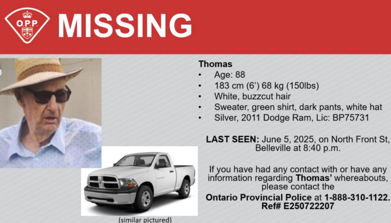 OPP search for missing man from McArthurs Mills, last seen in Belleville